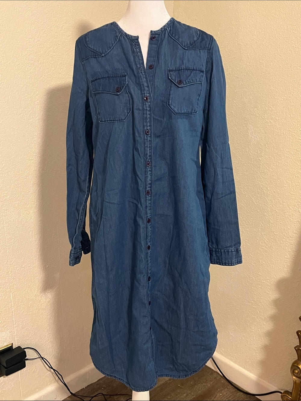 Long-Sleeve Denim Shirt Dress - Blue